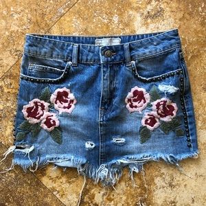 Free People Denim Embroidered Mini Skirt